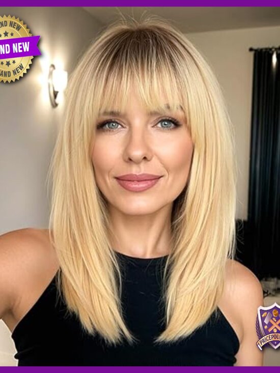 16inch Human Hair Wig Shoulder Length Layered with Bangs Natural Look